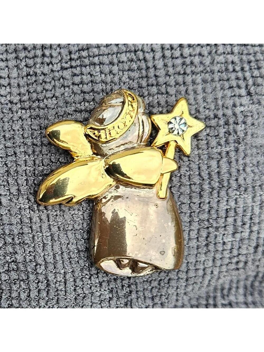 Vintage 1980s Angel Brooch - Mixed Metals Two-Tone Pin with Rhinestone Star Wand